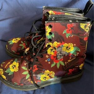 Dr. Martens Floral Combat Boots - Burgundy and Yellow